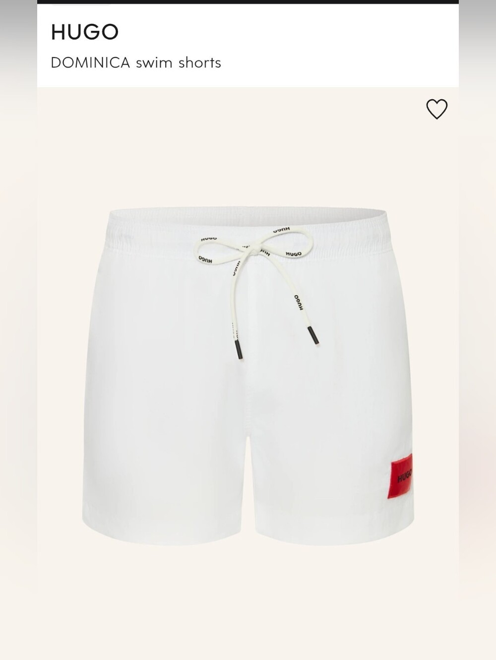 The HUGO Dominica Men's White Swim Shorts with Red Logo Patch - Size M